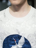 White Crane Embroidery Summer Round Neck T-shirt for Men