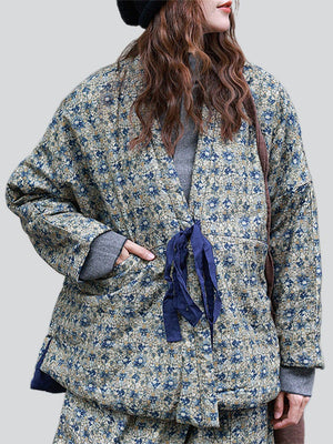 Female Ethnic Style Geometric Printing Thick Lace-up Coats