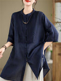 Female Leisure Cotton Linen 3/4 Sleeve Mid-Length Shirt