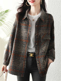 British Style Plaid Lapel Chest Pocket Woolen Jacket for Female