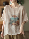 Women's Ginkgo Leaf Printed Round Collar Short Sleeve Shirt