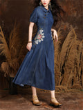 Women's Beautiful Flower Embroidery Lapel Denim Pleated Dress