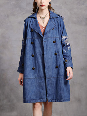 Women's Stylish Peacock Embroidery Double Breasted Denim Coat