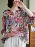 Summer Cozy V Neck Loose Print Long Sleeve Shirt for Women