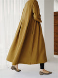 Oversized Round Neck Cotton Linen Pleated Dress for Lady