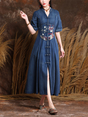 Women's Oriental Floral Embroidery V-Neck Front Slit Denim Dress