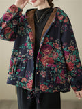 Country Style Flower Print Female Drawstring Hem Hooded Coat