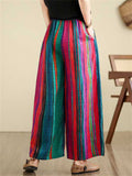 Multicolor Stripe Ethnic Style Linen Wide Leg Pants for Women