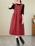 Women's Retro Daisy Embroidery Mid-Length Corduroy Dress