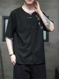 Male Bamboo Embroidered Half Sleeve Metal Button Shirt