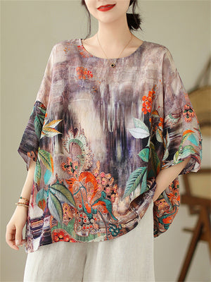 Female Ethnic Style Plants Flowers Print T-shirts