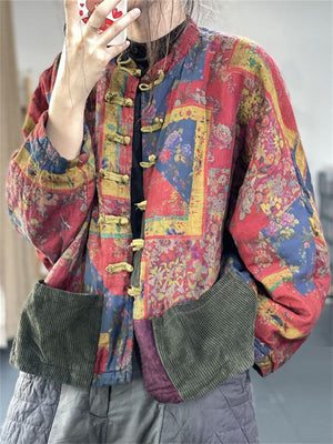 Ladies Retro Abstract Print Knot Button Patch Pocket Cotton Coat