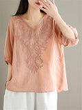 Female V-neck Short-sleeved Embroidered Shirt