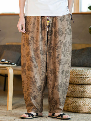 Men's Casual Grey Rose Print Loose Harem Pants