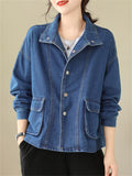 Women's Trendy Lapel Long Sleeve Patch Pocket Denim Jacket