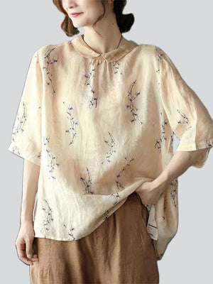 Retro Flower Print Lapel Half Sleeve Loose Shirt for Women