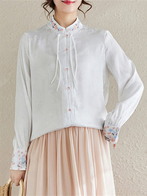 Women's Flower Embroidery Elegant Stand Collar White Shirt