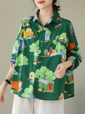 Retro Fun Cartoon Print Long Sleeve Shirt for Women