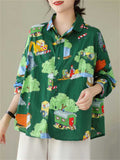 Retro Fun Cartoon Print Long Sleeve Shirt for Women