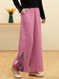 Ethnic Side Floral Embroidery Straight-Leg Pants for Women