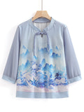 Women's Ancient Style Print Elegant Stand Collar 3/4 Sleeve Shirts