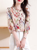 Ladies Ruffle Collar Lantern Sleeve 3D Floral Design Shirt