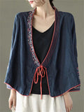 Female Ethnic Style V Neck Embroideried Side Lace Up Cotton Shirt