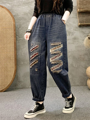 Hip-Hop Trend Letter Embroidery Ripped Jeans for Women