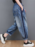 Female Leisure Washed Effect Drawstring Dark Blue Jeans