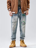 Personality Street Letter Graffiti Loose Blue Jeans for Men