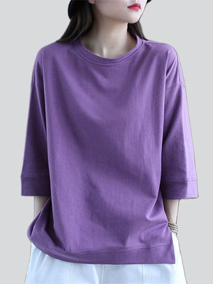 Female Solid Color Loose Fit Summer 3/4 Sleeve Shirts