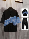 Half Sleeve Spliced Shirt & Pants Summer Two-piece Sets for Men