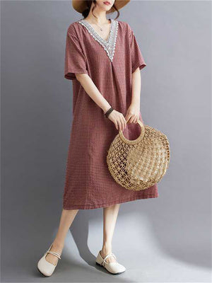 Women's Cotton Linen Lace V-Neck A-Line Plaid Dress