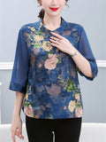 Women's Summer Elegant Peony Print Half Sleeve Shirt