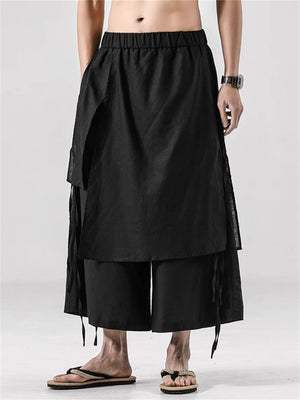 Men's Black Divided Skirt Loose Wide-Leg Pants