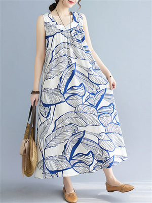 Leaves Print Reversible Sleeveless Dresses for Women