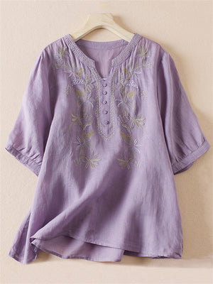 Women's V-Neck Button Decor Flower Embroidered Pullover Shirt