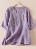 Women's V-Neck Button Decor Flower Embroidered Pullover Shirt