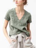 Simple Plain Deep V Neck Relaxed Linen Shirt for Women