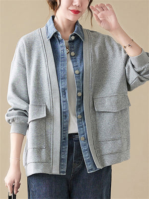 Women's Fake Two Pieces Denim Splicing Lapel Button Baseball Jacket