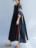 Ethnic Style Multicolor Stripes Round Neck Loose Dress for Women