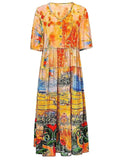 Ladies Cozy Field Beach Floral Print Splicing Silk Dress