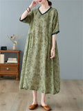 Female Retro Print V Neck Short Sleeve Linen Loose Dress