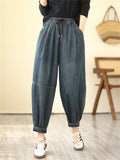 Lady Plain Dark Blue Oversized Drawstring Jeans