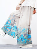 Men's Unique White Crane Landscape Print Wide-Leg Pants