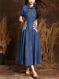 Women's Beautiful Flower Embroidery Lapel Denim Pleated Dress