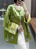 Ladies Elegant Round Neck Knot Button Floral Embroidery Jacket