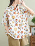 Cute Pumpkin Print Short Sleeve Button Shirt for Women