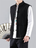 Men's Stand Collar Knot Button Patch Pocket Plain Linen Vest