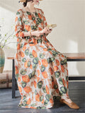 Orange Green Leaf Print Spring Loose Dress for Women